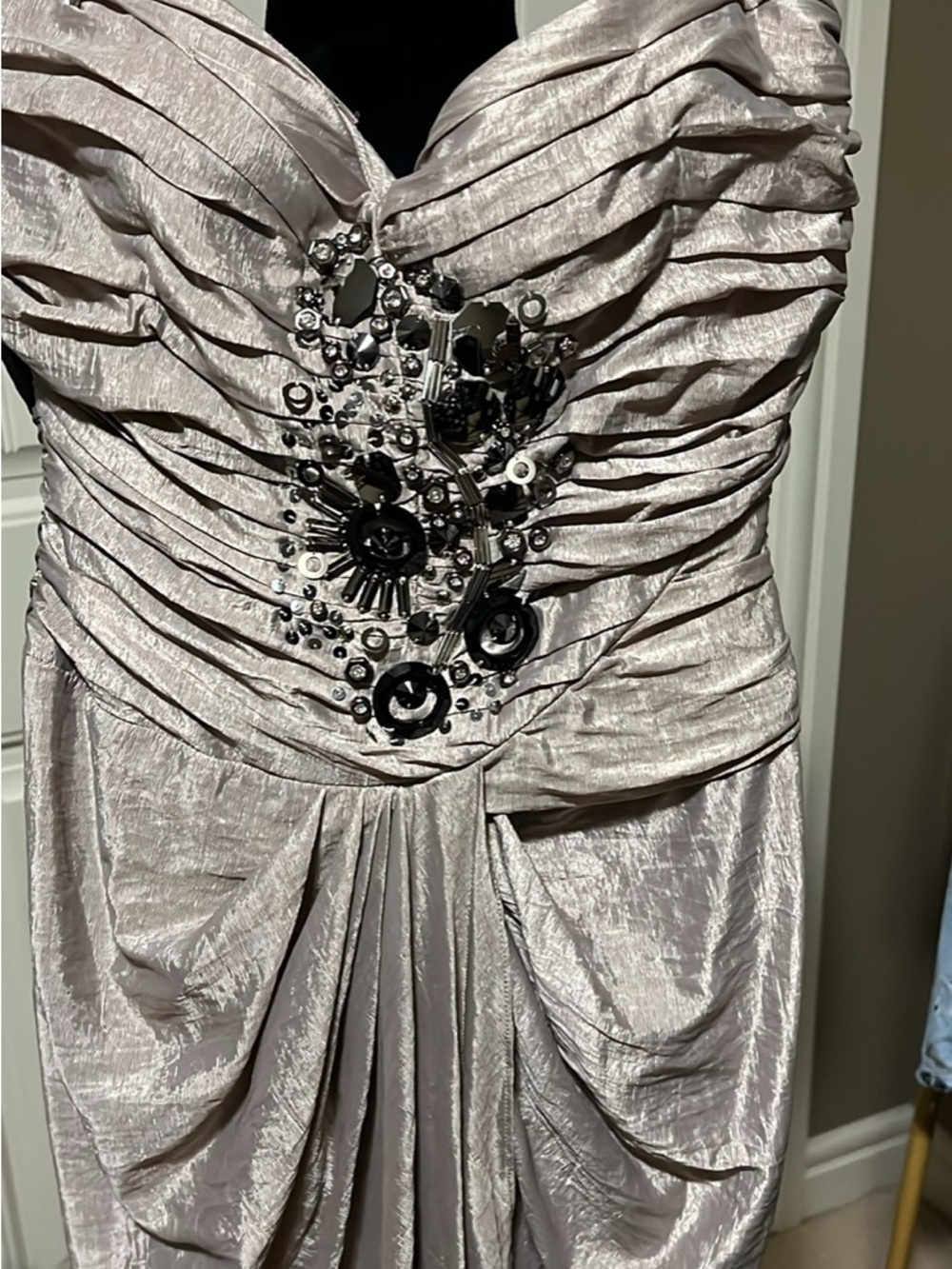 bebe Strapless Ruched Beaded Cocktail Dress in Light Taupe